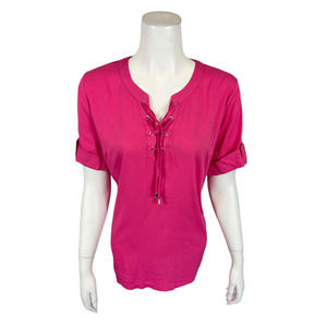 BROOKE SHIELDS Timeless Women's Lace-Up Neck Woven Blouse Top Rose Medium Size